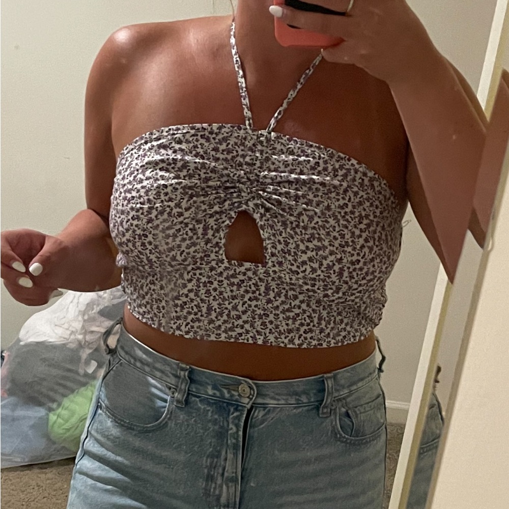 SHEIN purple floral halter tie crop top